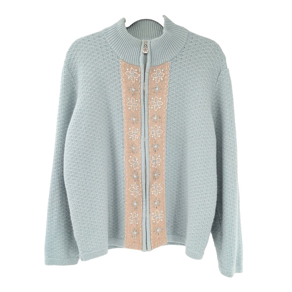 Napa Valley Embroidered Beaded Mint Full Zip Mock Neck Cardigan Ramie Angora XL